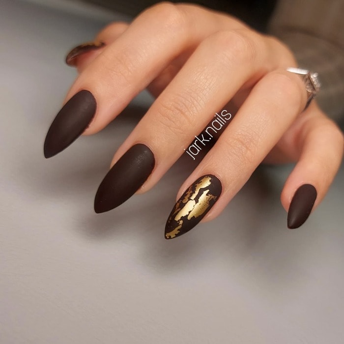 Long Stiletto Deep Brown with Gold Foil Long Stiletto Deep Brown with Gold Foil — Winter Matte Nails