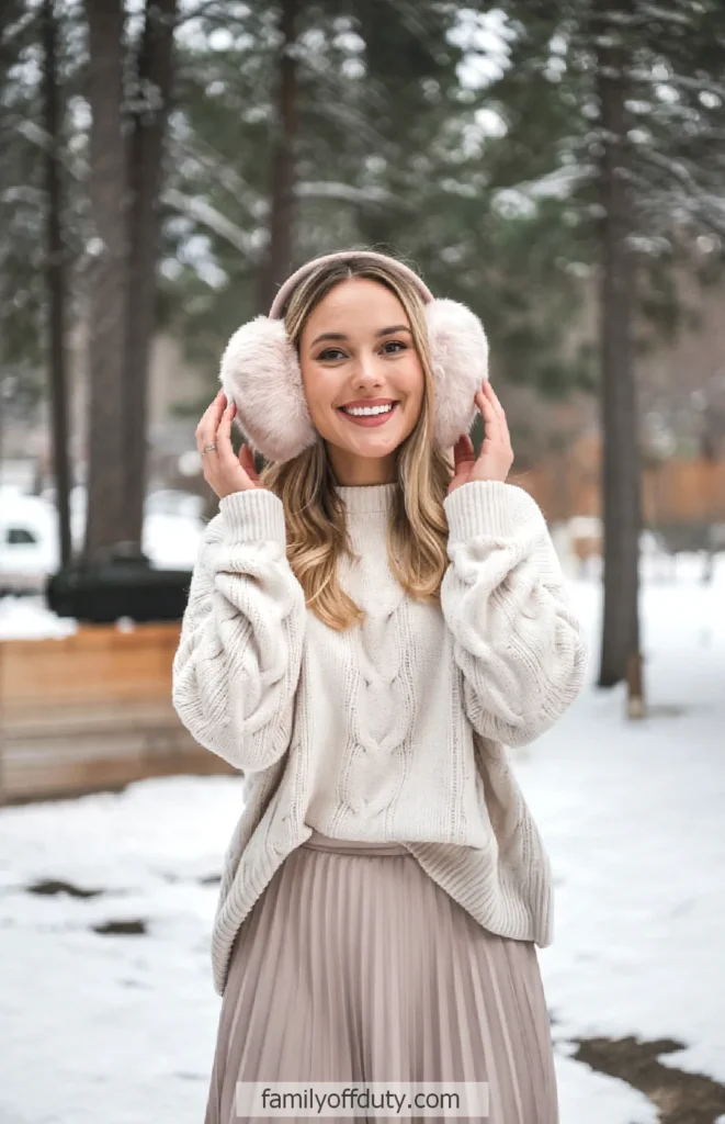Cozy Cream Knitwear with Pink Fluffy Earmuffs — Earmuffs Outfits