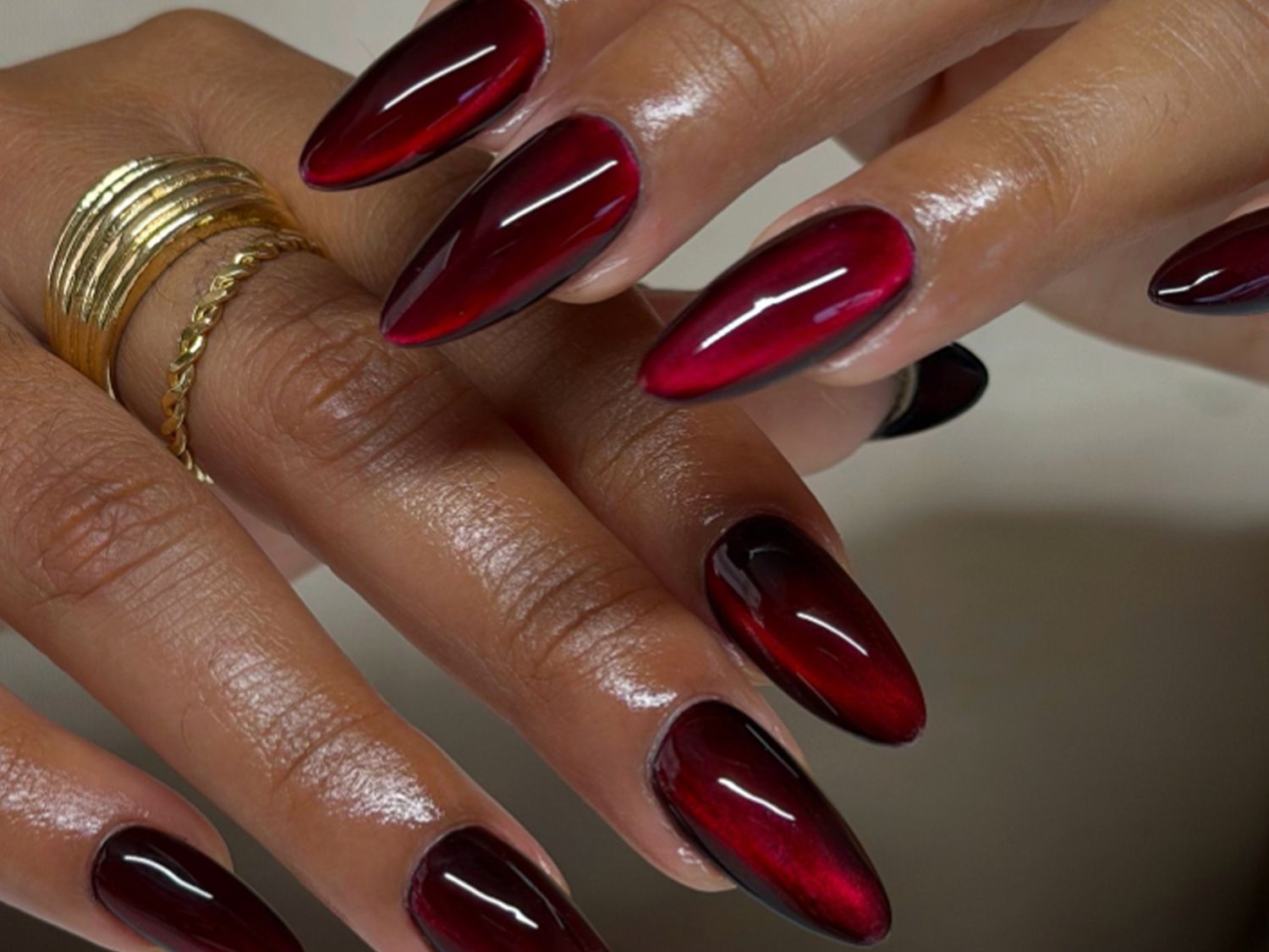 Deep Burgundy Cat-Eye Stiletto Deep Burgundy Cat-Eye Stiletto — Winter Nail Colors for Women Over 50