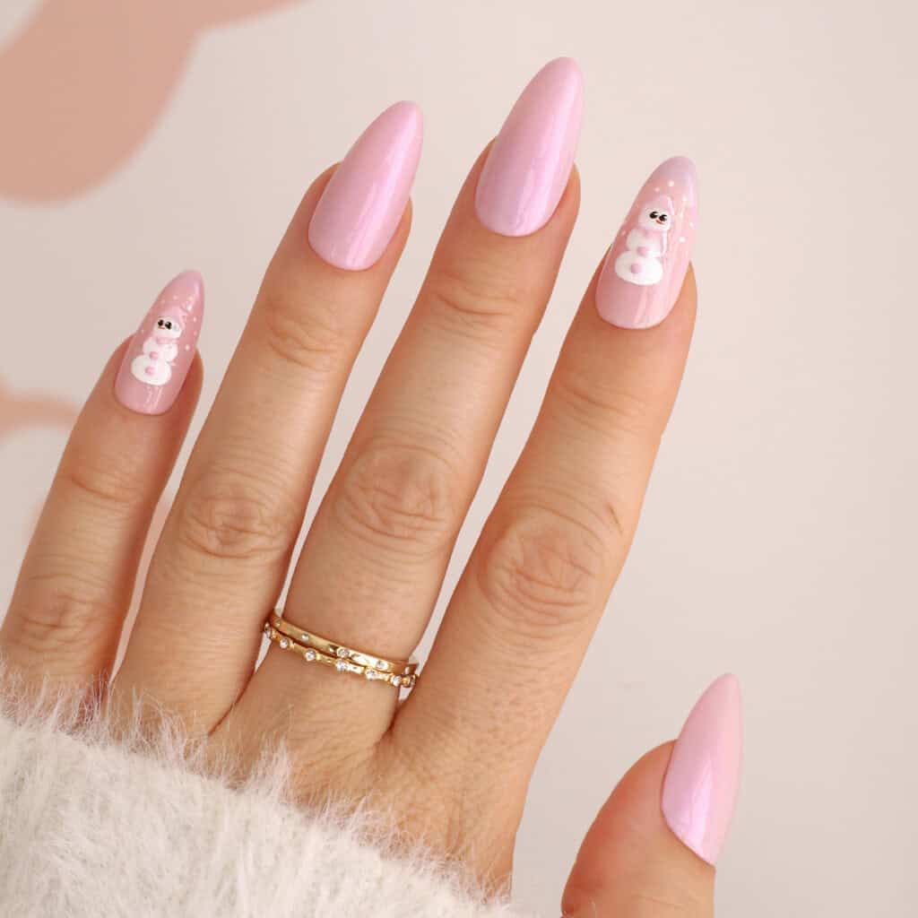Pale Iridescent Pink with Snowman Decals Pale Iridescent Pink with Snowman Decals — Winter Pink Nails