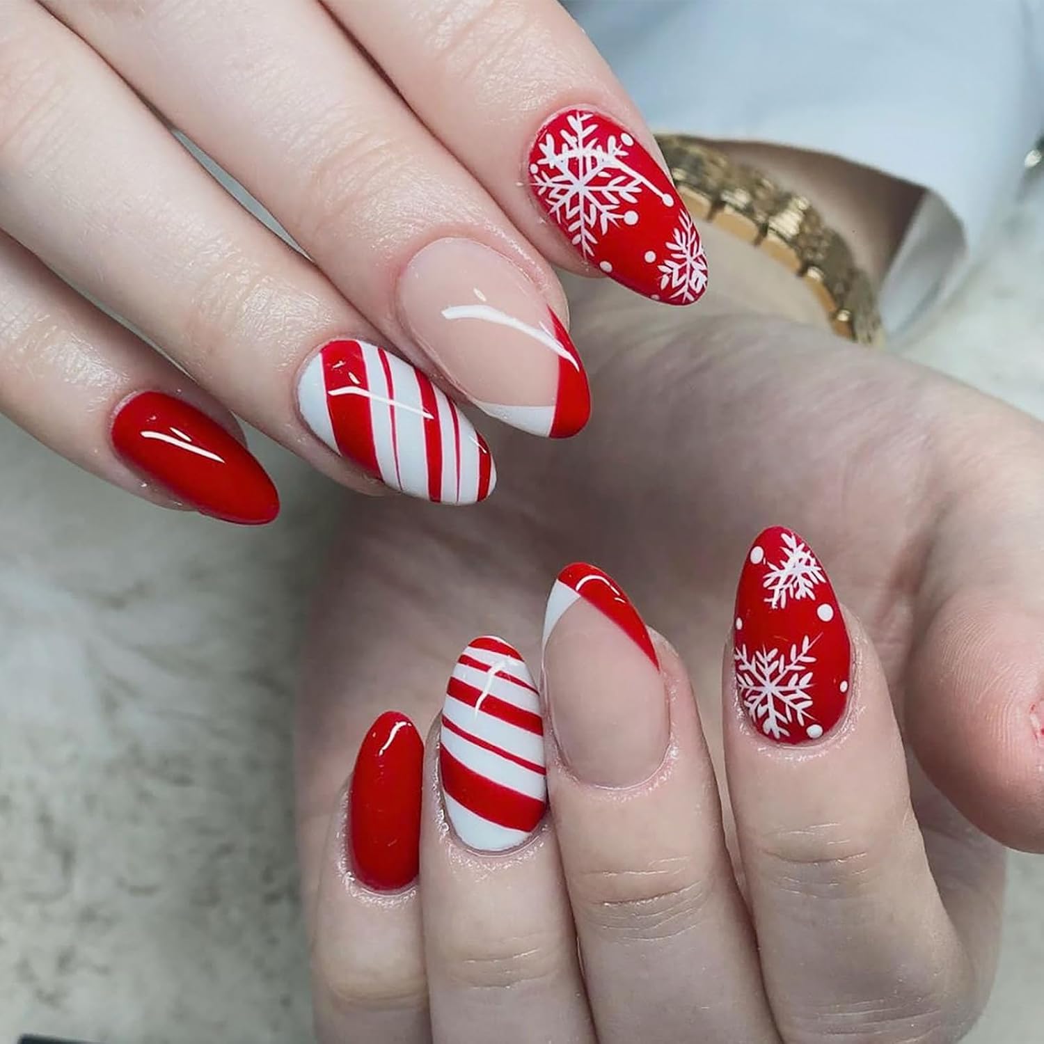 Red & White Festive Short Almonds — Short Winter Almond Nails