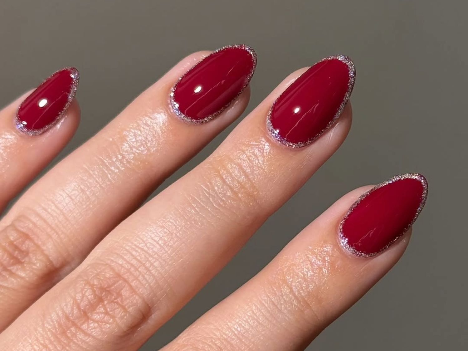 Cherry Red Almond Nails with Glitter French Tip Cherry Red Almond Nails with Glitter French Tip — Cherry Red Nails
