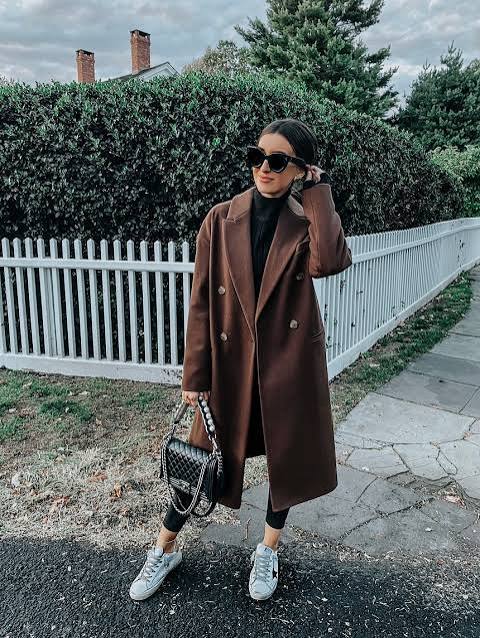 Double-Breasted Brown Coat with Slim Pants and Sneakers — Brown Coat Outfits