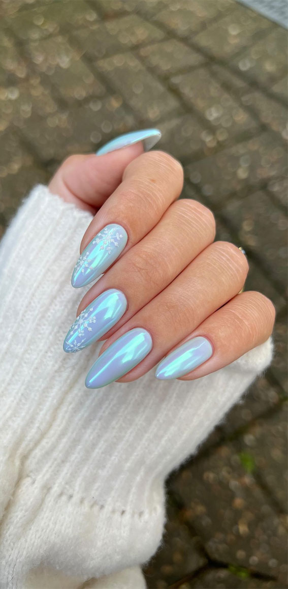 Pale Iridescent Blue with Snowflakes — Icy Blue Nails