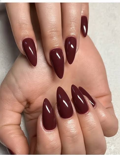 High Gloss Deep Burgundy Stiletto Acrylics High Gloss Deep Burgundy Stiletto Acrylics — Winter Acrylic Nail Colors