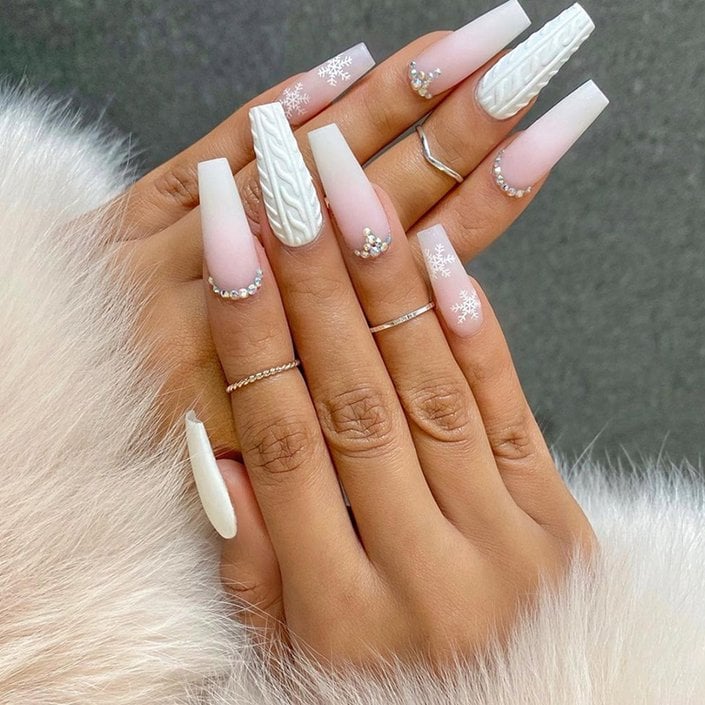 Long Coffin Matte Cable Knit Rhinestone Nails Long Coffin Matte Cable Knit Rhinestone Nails — Winter Nails