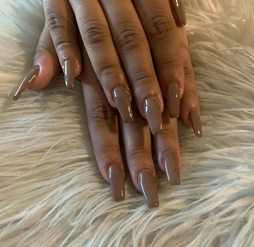 Glossy Taupe Extra Long Coffin Nails Glossy Taupe Extra Long Coffin Nails — Winter Nail Colors for Dark Skin
