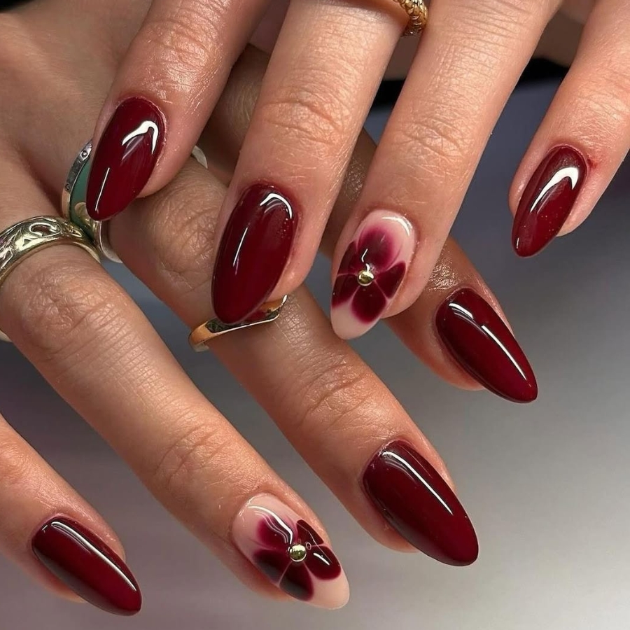 Artistic Burgundy Stilettos with 3D Florals and Gold Studs — Burgundy Nails
