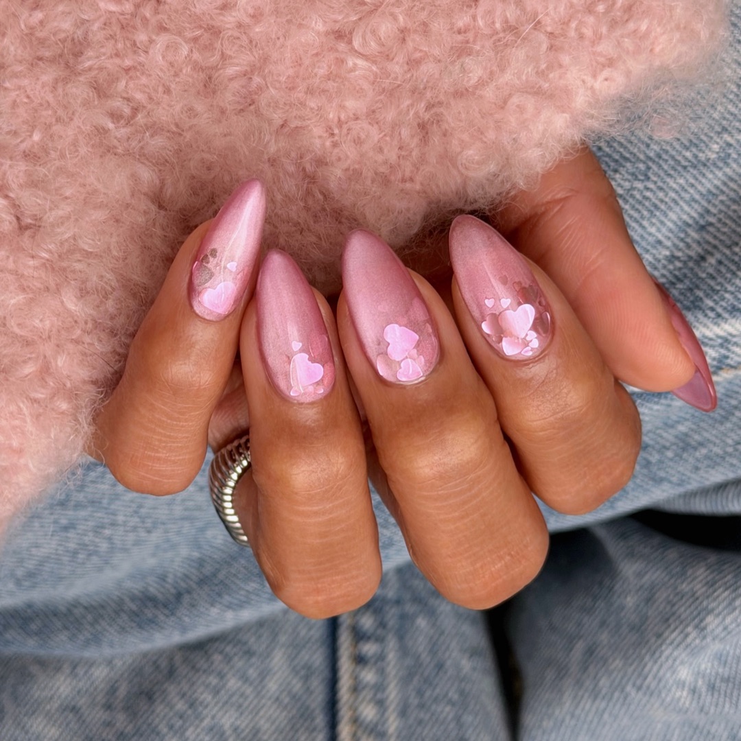 Sheer Pink with Embedded 3D Hearts Sheer Pink with Embedded 3D Hearts — Winter Pink Nails