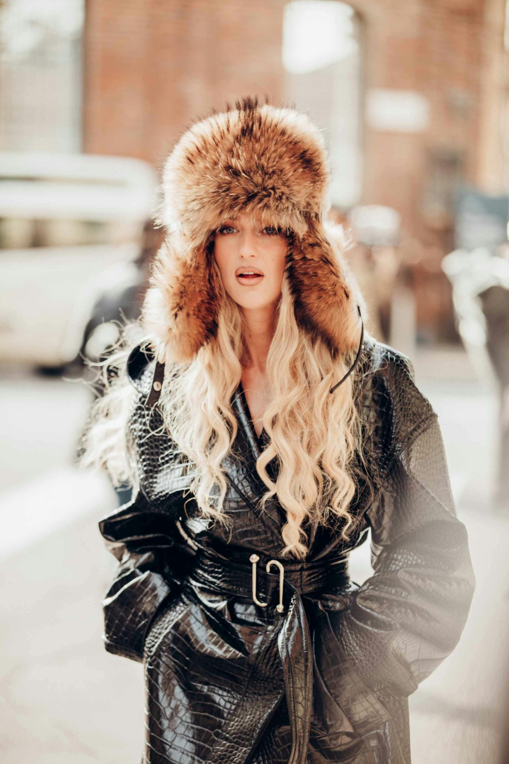 Bold Fashion Statement: Ushanka Hat with Belted Jacket — Fur Hat Outfits