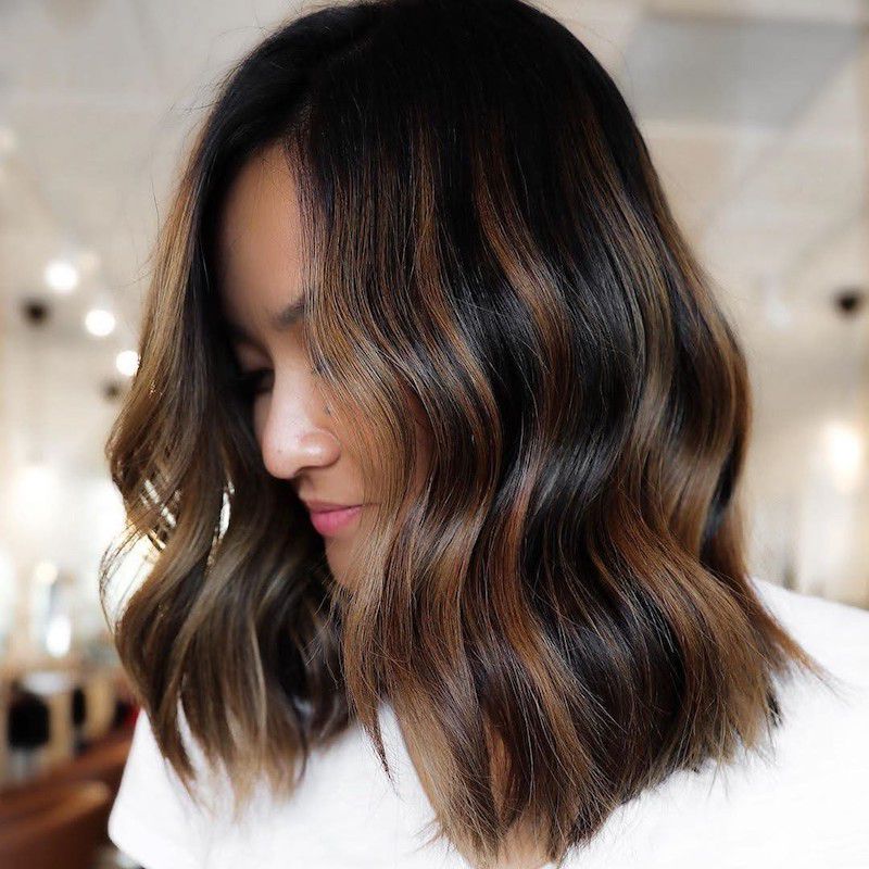 Dark Brown Lob With Caramel Highlights — Winter Hair Colors for Olive Skin