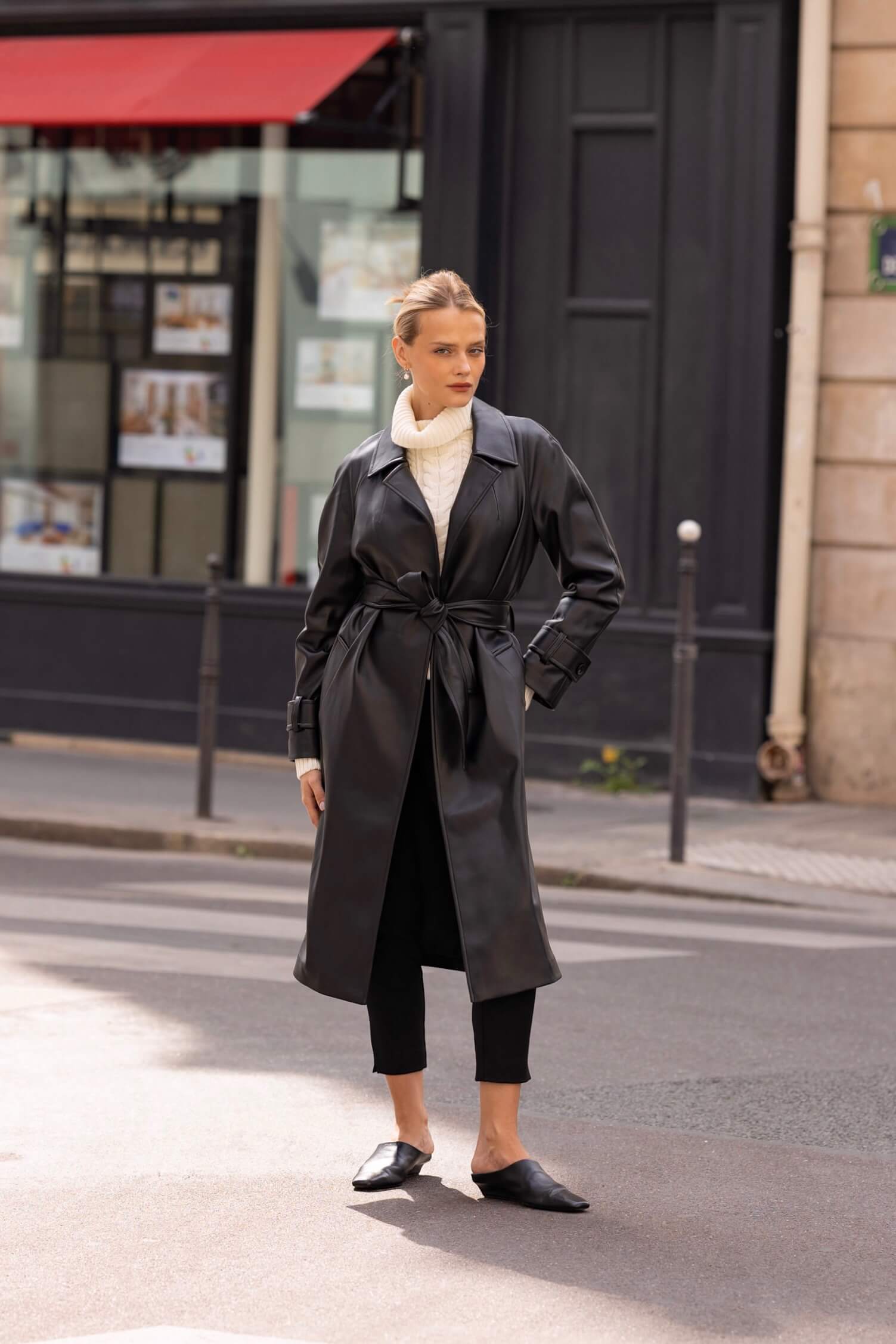 Faux Leather Trench Coat with Slim Trousers Faux Leather Trench Coat with Slim Trousers — Long Coat Outfits