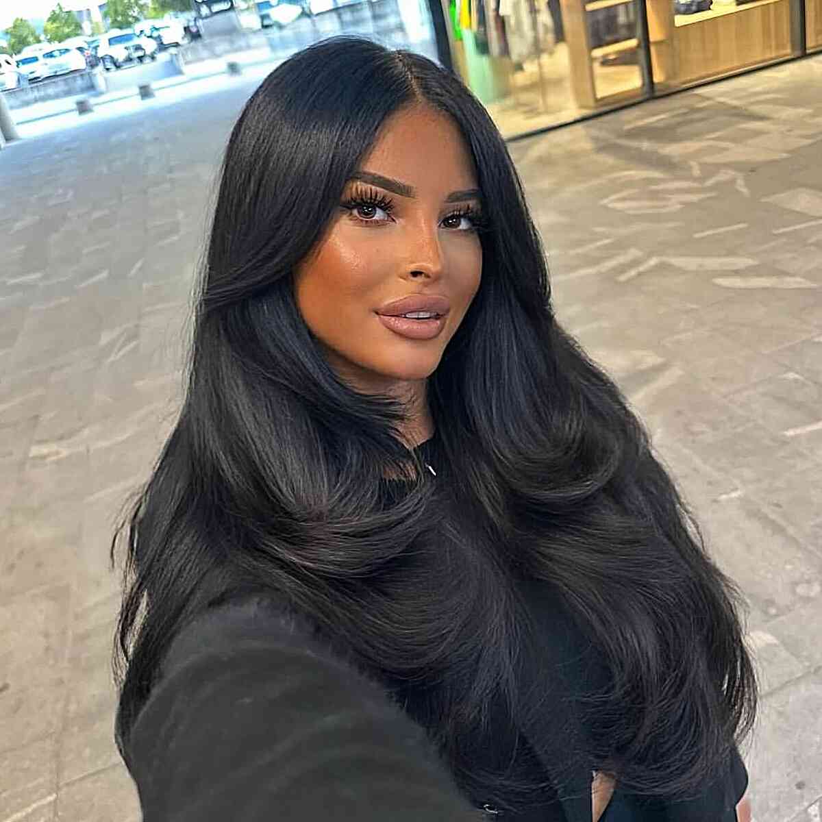 Jet Black Shoulder Blowout With Face-Framing Layers Jet Black Shoulder Blowout With Face-Framing Layers — Jet Black Hair