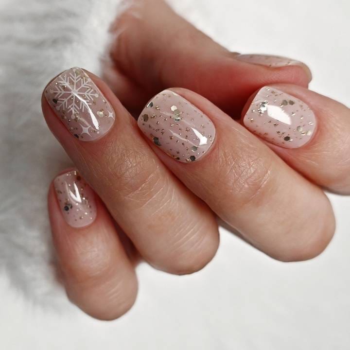 Sheer Pink with Snowflake and Glitter Accents Sheer Pink with Snowflake and Glitter Accents — Winter Nail Designs