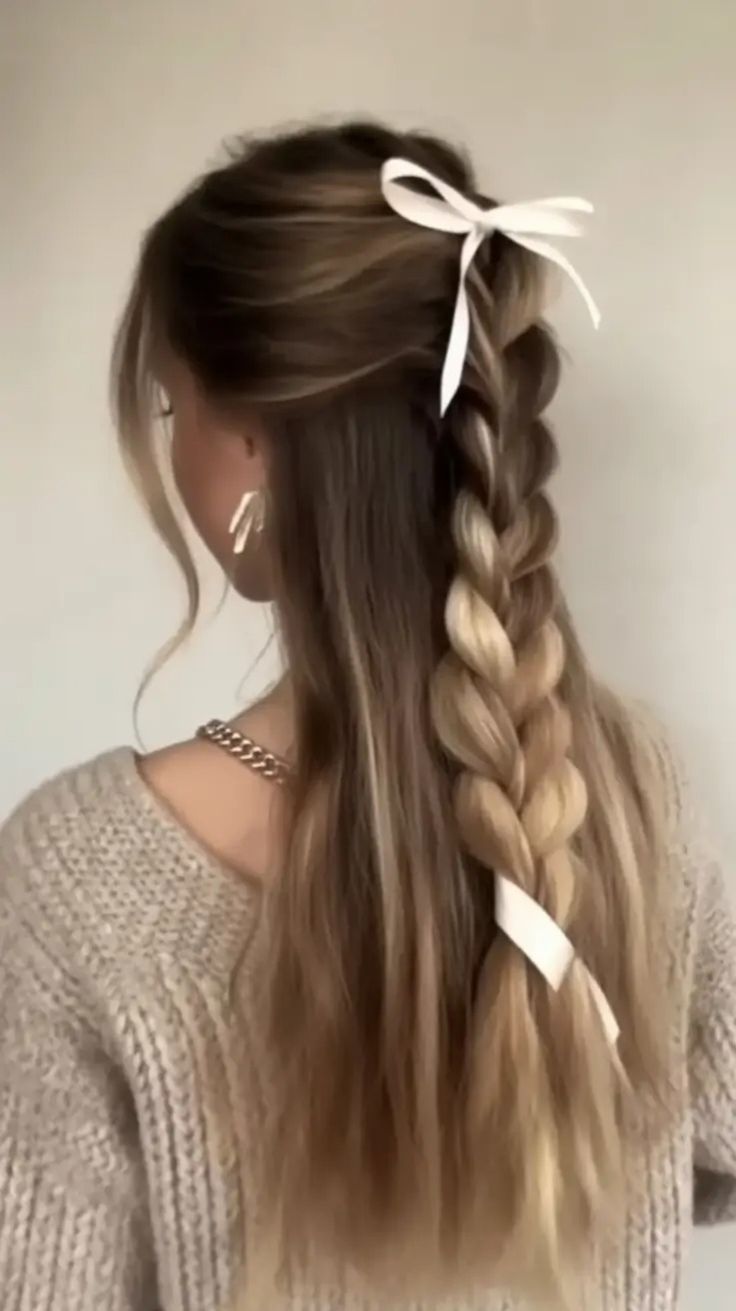 Dark Blonde Thick Braid with White Ribbon — Winter Party Hairstyles