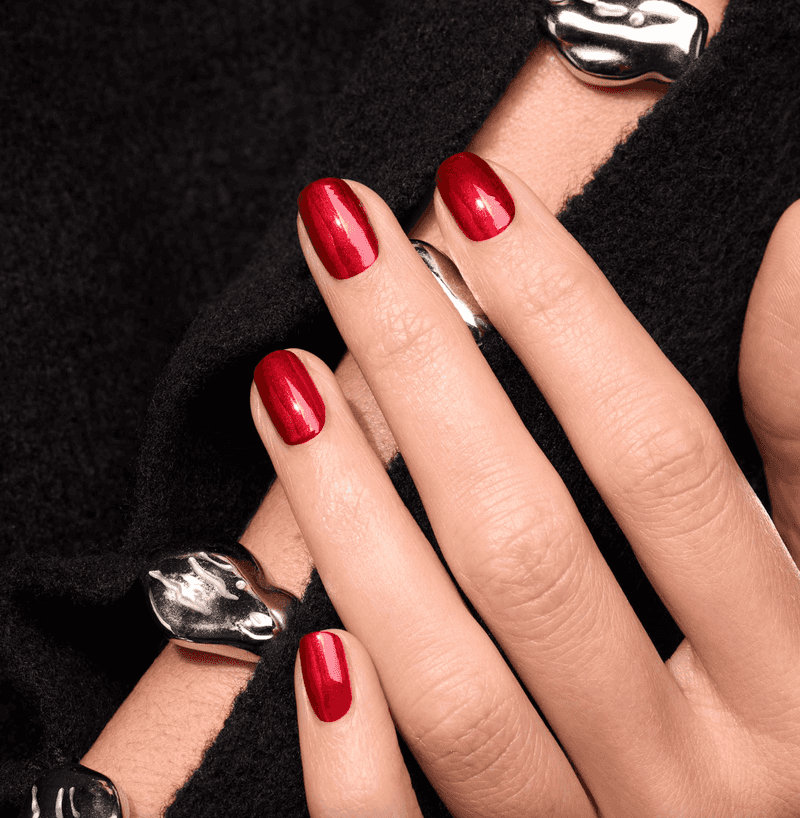Metallic Red Short Oval Metallic Red Short Oval — Winter Nail Colors for Women Over 50