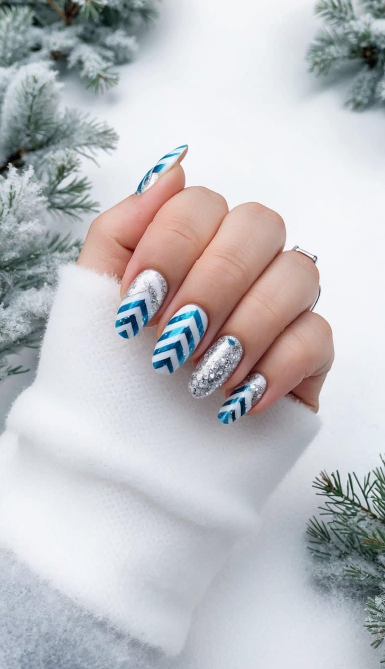 White Blue Chevron Glitter Stiletto Nails White Blue Chevron Glitter Stiletto Nails — Medium Length Winter Nails