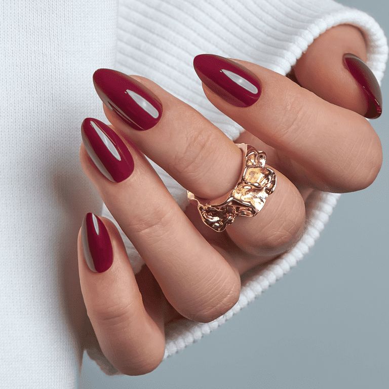 Rich Deep Red Glossy Almonds — Short Winter Almond Nails