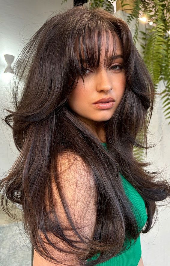 Mid-Back Espresso Brown With Full Bangs Mid-Back Espresso Brown With Full Bangs — Espresso Brown Hair