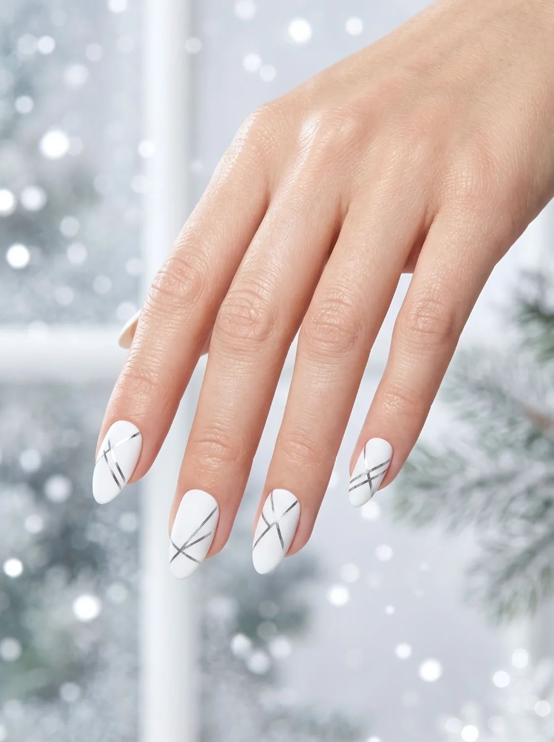 Matte White with Geometric Silver Lines Matte White with Geometric Silver Lines — Winter Matte Nails