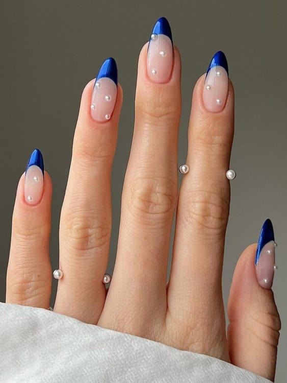 Royal Blue French Tips with Pearls Royal Blue French Tips with Pearls — Winter Blue Nails