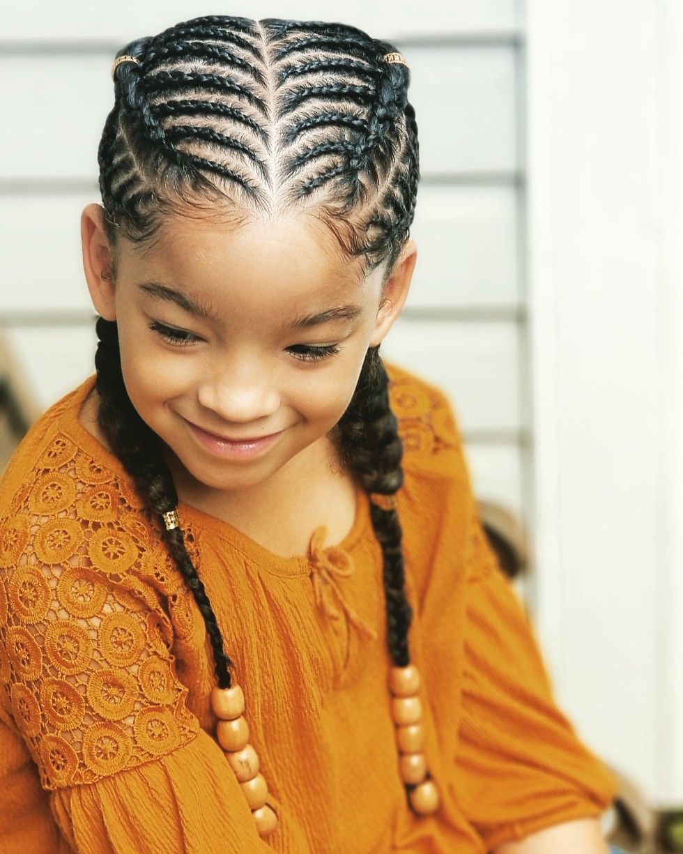 Two Long Braided Pigtails with Beads Two Long Braided Pigtails with Beads — Winter Hairstyles for Black Kids