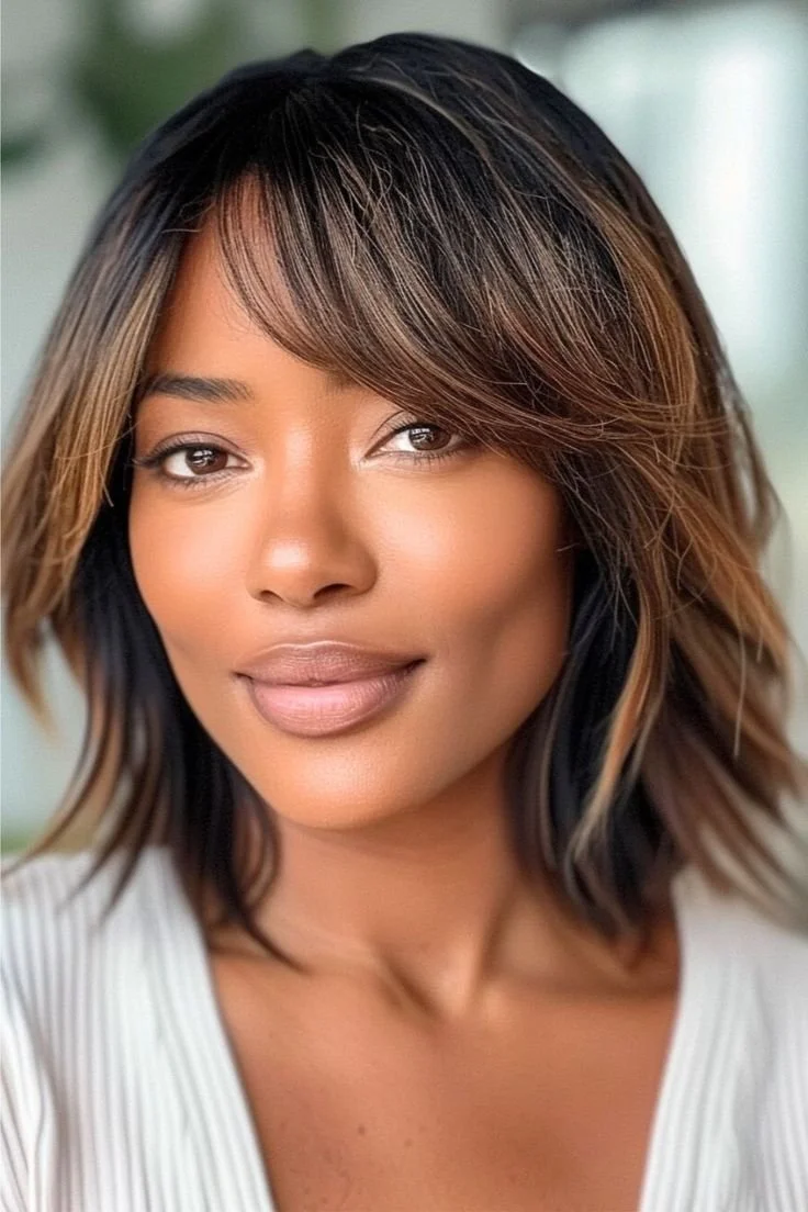 Caramel Highlighted Waves With Side Swept Bangs Caramel Highlighted Waves With Side Swept Bangs — Winter Shoulder Length Hairstyles