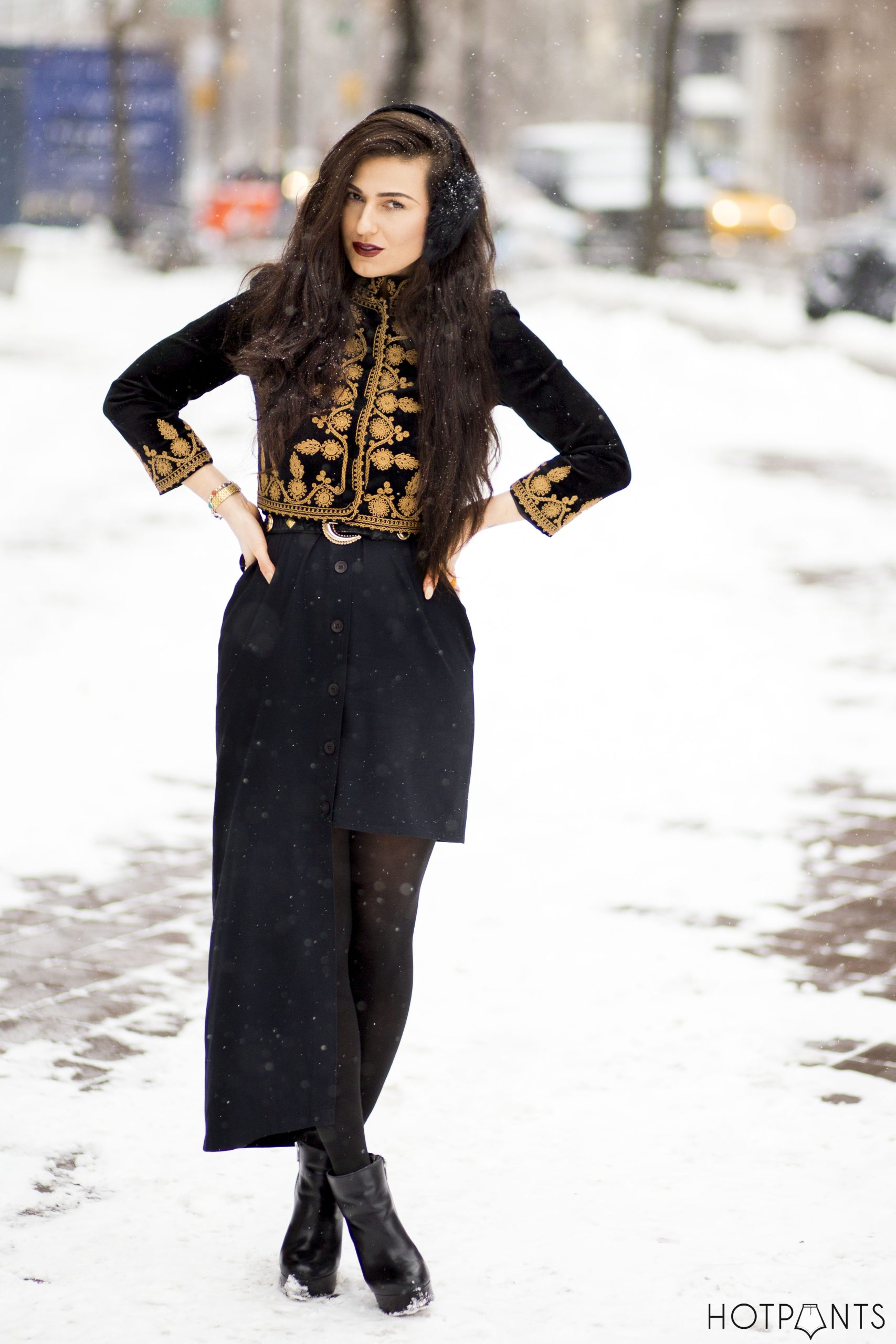 Elegant Black Velvet with Gold Embroidery and Earmuffs — Earmuffs Outfits