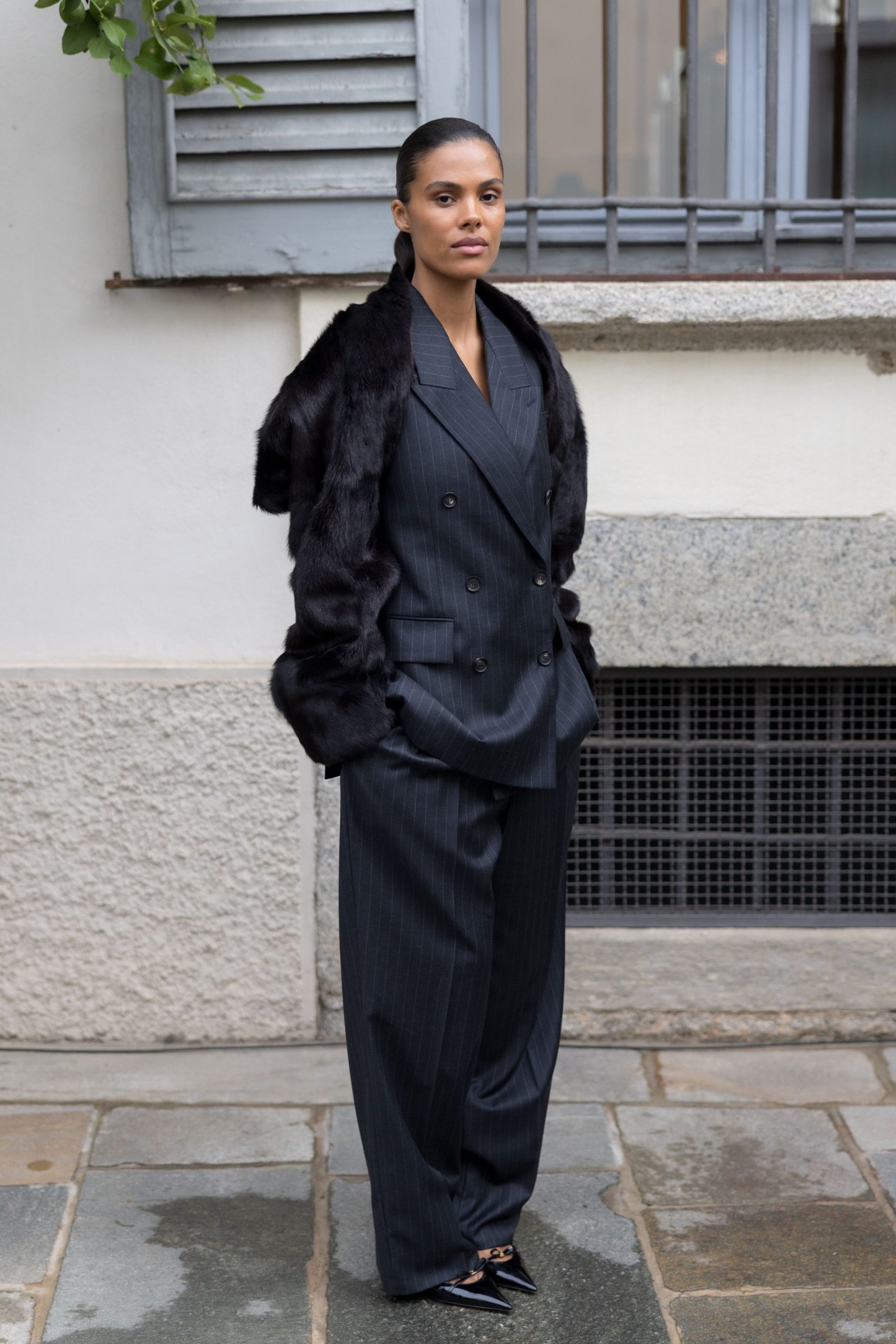 Sophisticated Pinstripe Suit with a Fur Stole — February Outfits