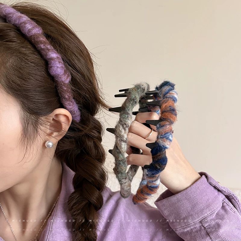 Brown Braid With Multi-Color Yarn Headband — Winter Hairstyles with Headband