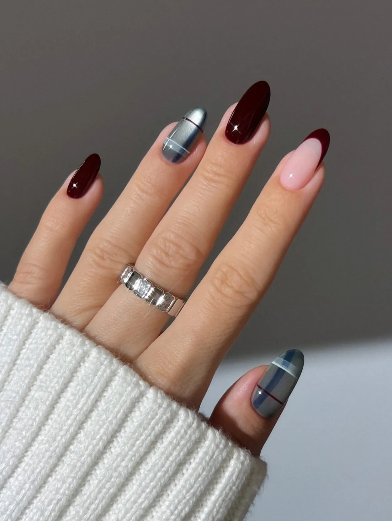 Burgundy and Plaid Almond Nails — Winter Almond Nails