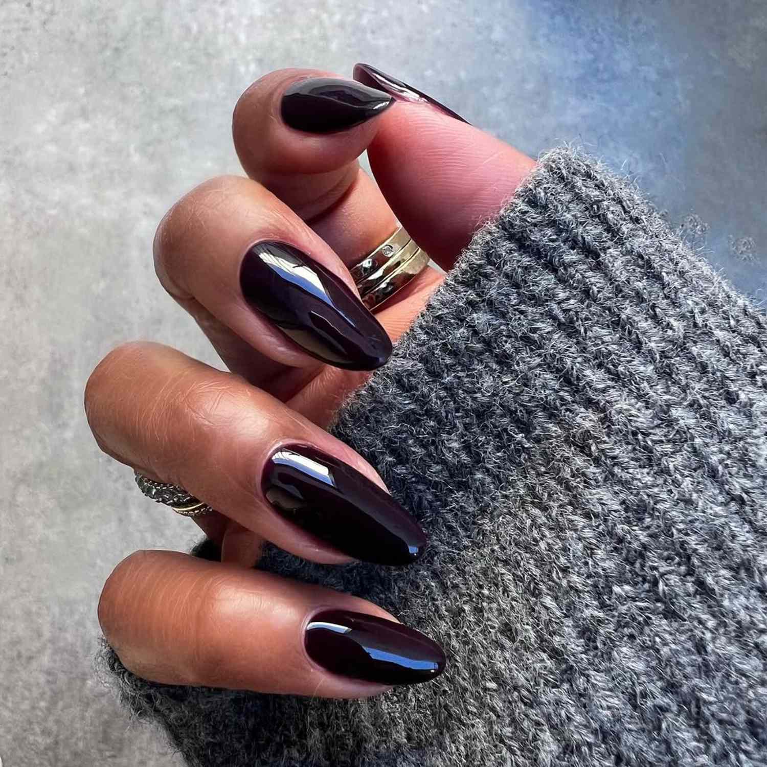 Long Stiletto Deep Plum With Gold Accent Long Stiletto Deep Plum With Gold Accent — Simple Winter Nails