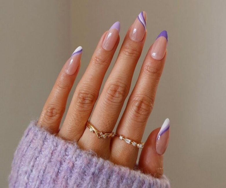 Medium Almond Nude French Swirl Tips Medium Almond Nude French Swirl Tips — Winter Purple Nails