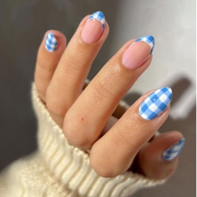 Light Blue Gingham French Almond Light Blue Gingham French Almond — Winter to Spring Transition Nails