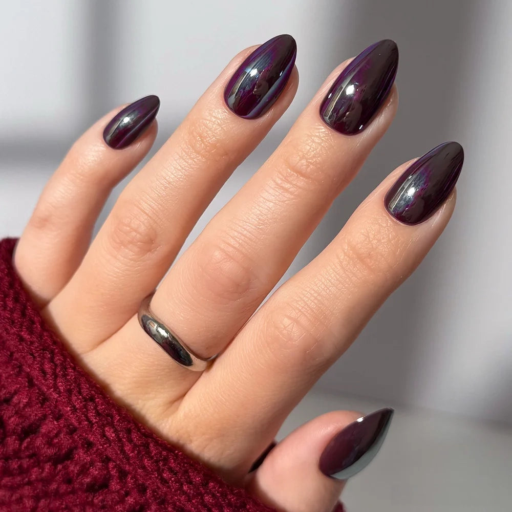 Deep Plum Iridescent Chrome Almonds — Short Winter Almond Nails
