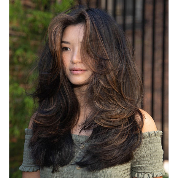 Dark Brown With Caramel Highlights Mid-Back Layers with Caramel Highlights — Winter Haircuts for Straight Hair