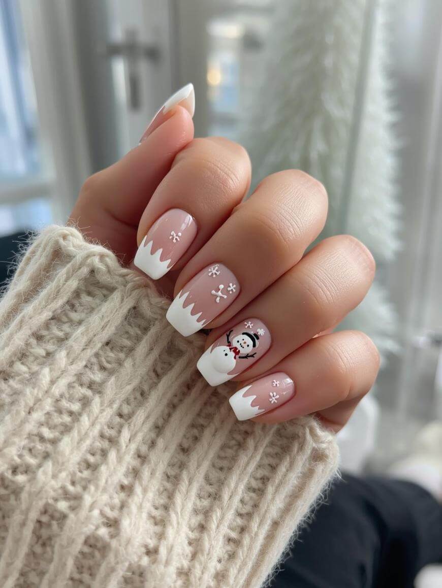 Cute Snowman Nude French Nails — Winter Wonderland Nails