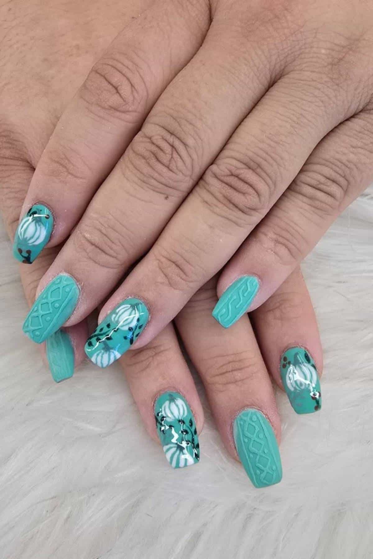 Teal Floral Cable Knit Coffin Teal Floral Cable Knit Coffin — Sweater Nails