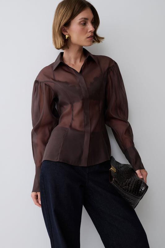 Modern Contrast: Sheer Chocolate Brown Blouse with Dark Wash Denim — Chocolate Brown Outfits