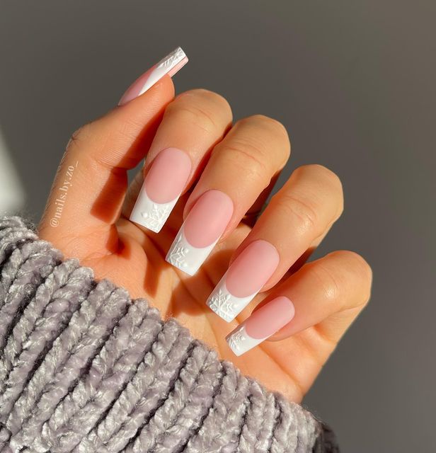 Embossed Snowflake Matte French Square Nails Embossed Snowflake Matte French Square Nails — Winter French Tip Nails
