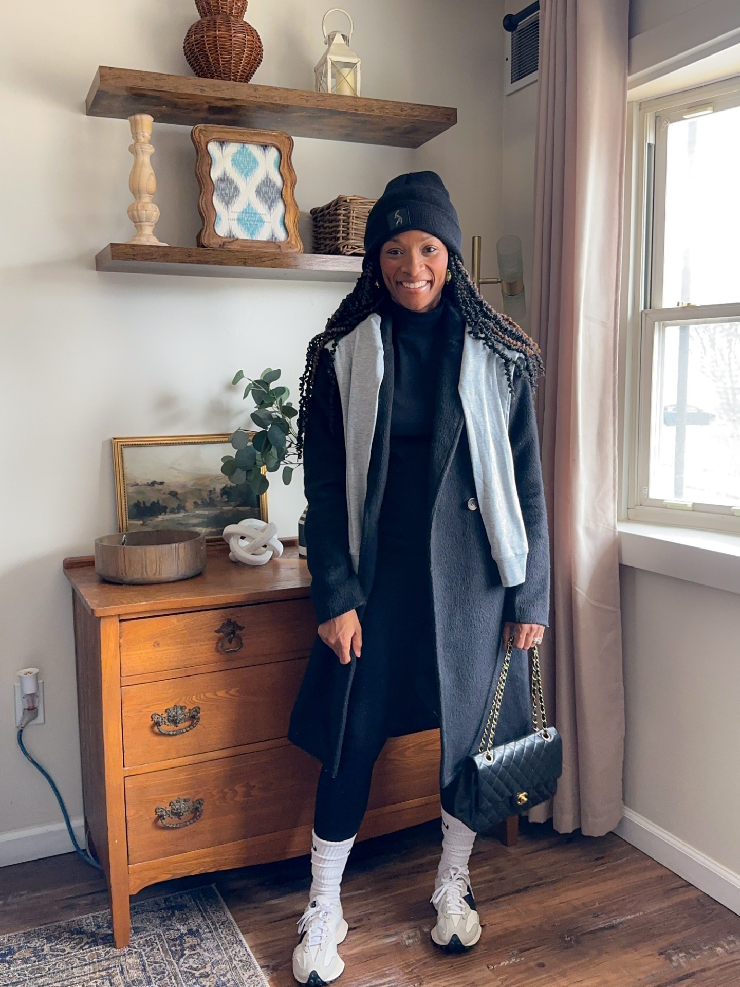 Black Wool Coat with Grey Scarf and White Sneakers Black Wool Coat with Grey Scarf and White Sneakers — January Outfits