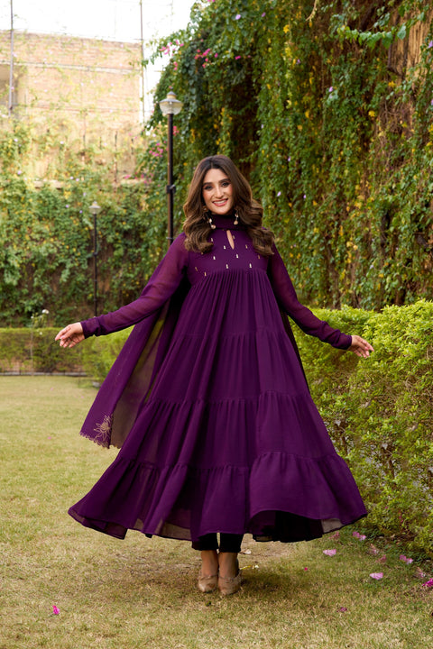 Tiered Deep Purple Dress with Embroidered Gold Dupatta — Royal Purple Outfits