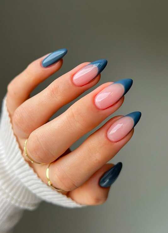 Medium Almond Blue French Tip Nails Medium Almond Blue French Tip Nails — Everyday Winter Nails
