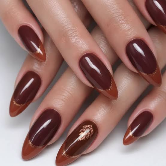 Deep Brown French Gold Foil Deep Brown French Gold Foil — Winter Nail Colors for Women Over 60