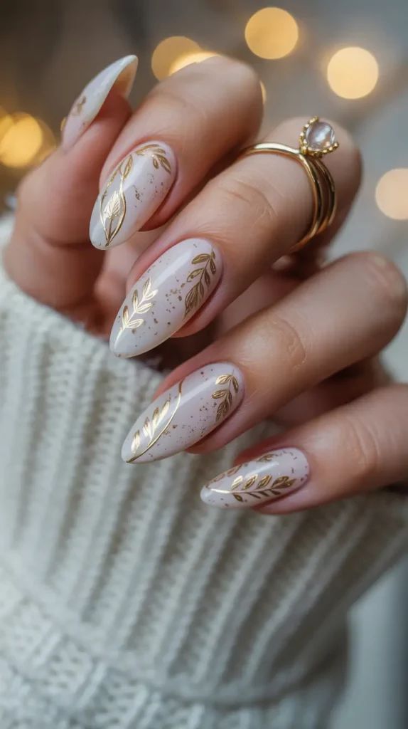 Speckled Beige Almond Nails With Gold Leaf — Winter Almond Nails