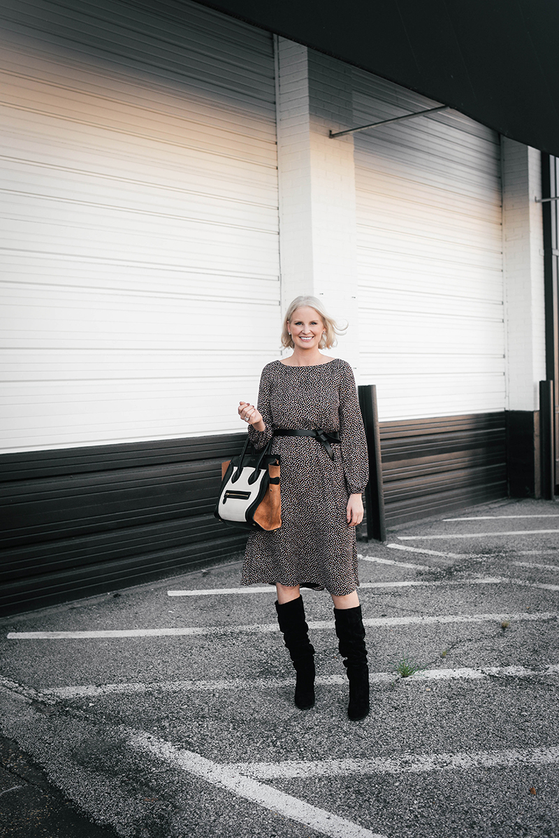 Patterned Dress and Belt with Black Slouchy Knee-High Boots Patterned Dress and Belt with Black Slouchy Knee-High Boots — Slouchy Boots Outfits