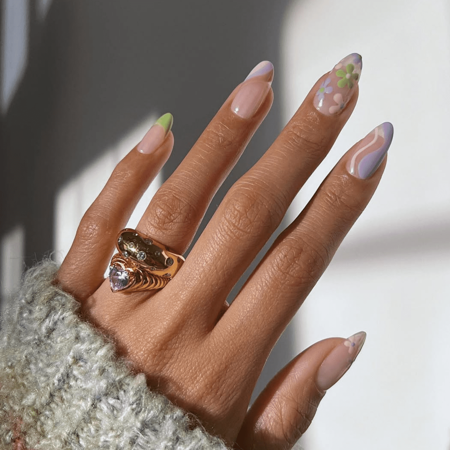 Sheer Nude Floral Leaf Stiletto Sheer Nude Floral Leaf Stiletto — Winter to Spring Transition Nails