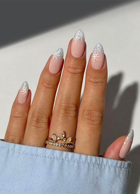 Sheer Pink Glitter Ombre Snowflake Nails — Short Winter Almond Nails