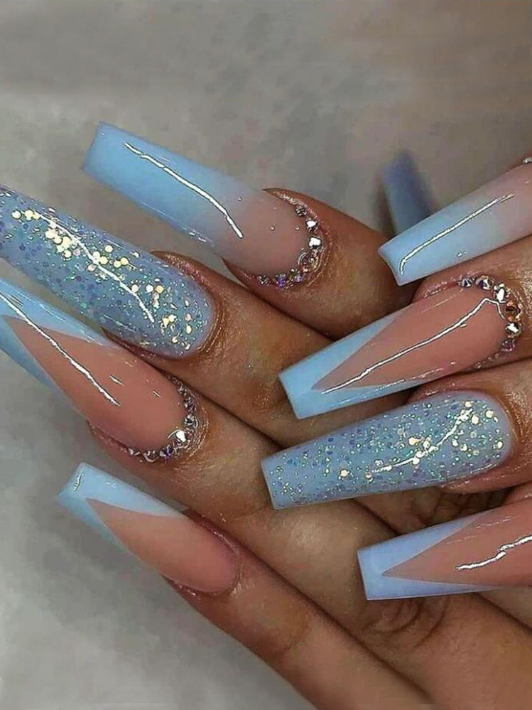Nude to Pastel Blue Gradient Rhinestone Coffin Nails Nude to Pastel Blue Gradient Rhinestone Coffin Nails — Winter Coffin Nails