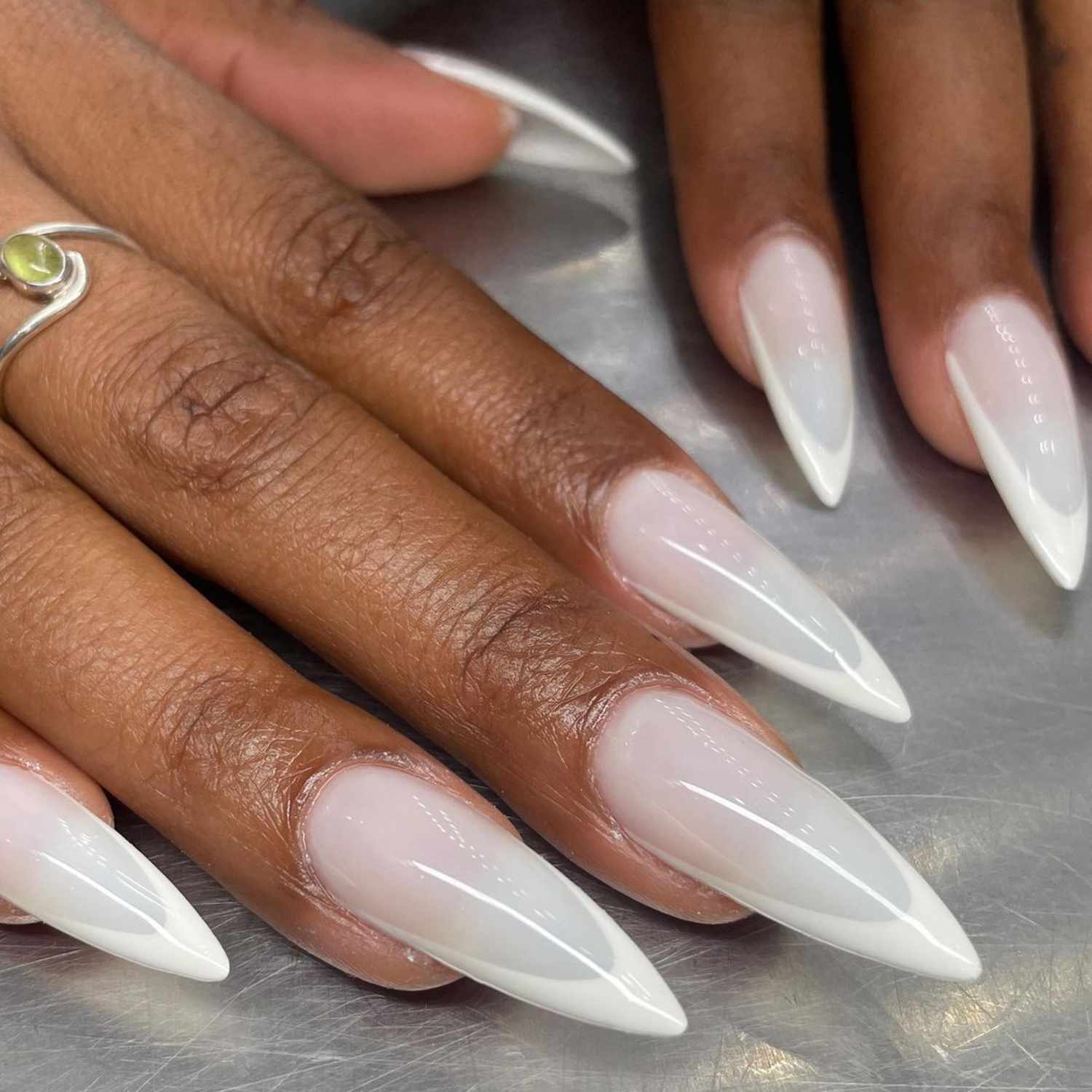 Milky White French Stilettos with Shimmer Milky White French Stilettos with Shimmer — Winter Stiletto Nails